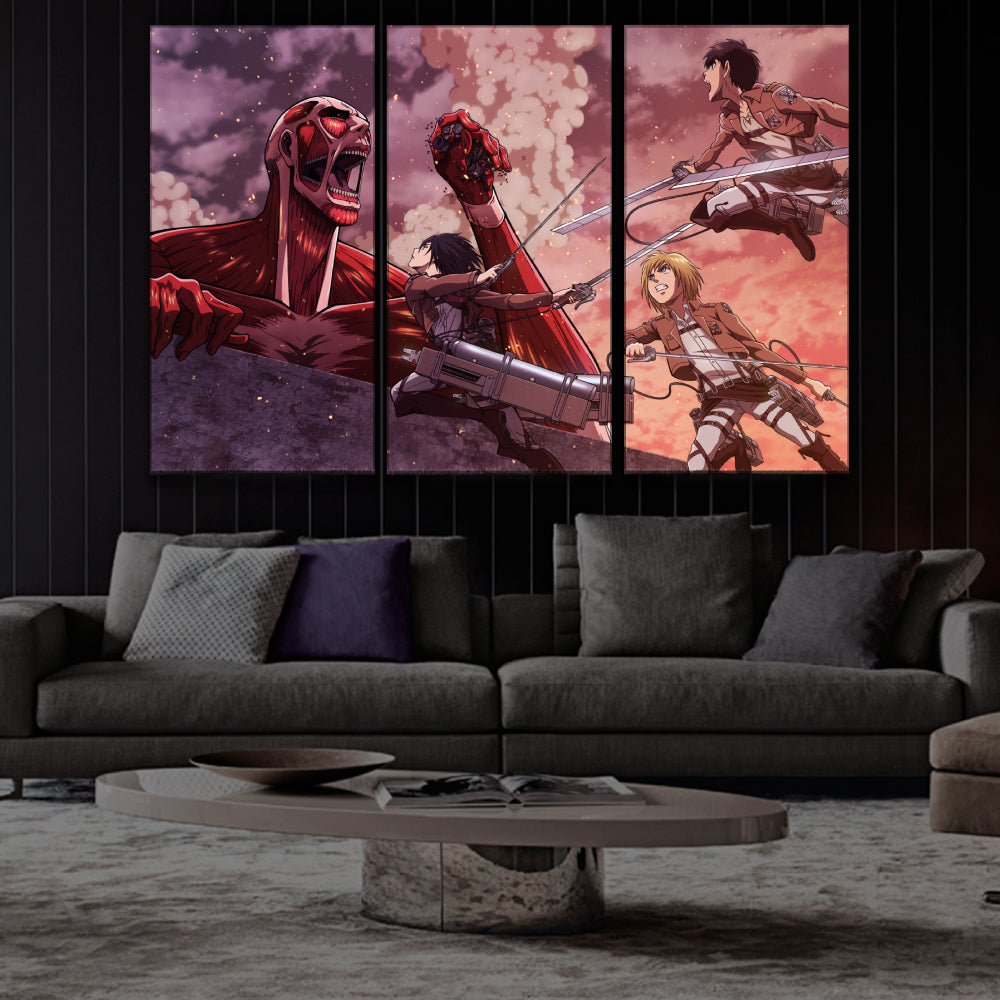 Armin, Eren and Mikasa vs Colossal TItan Poster